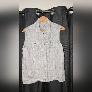 Kenar Linen vest women sleeveless pinstripe button front w/pockets striped SizeL